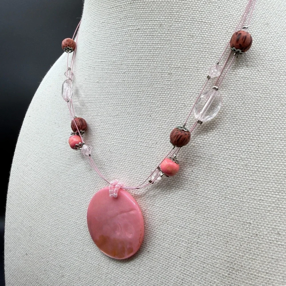 Pink Shell Disc Pendant Beaded Necklace Boho Statement Cottagecore Festival Gift